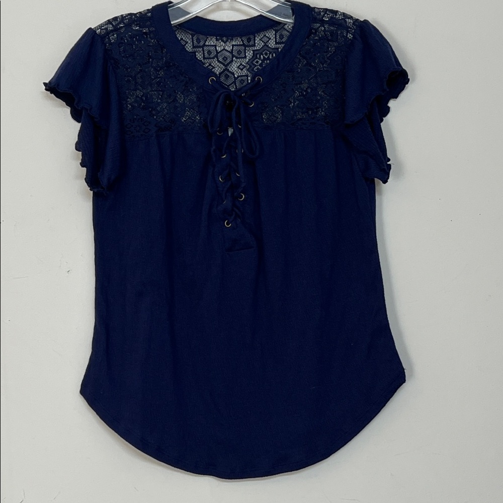 ⭐️ No Boundaries Navy Lace-Up Blouse sheer lace upper areas women S